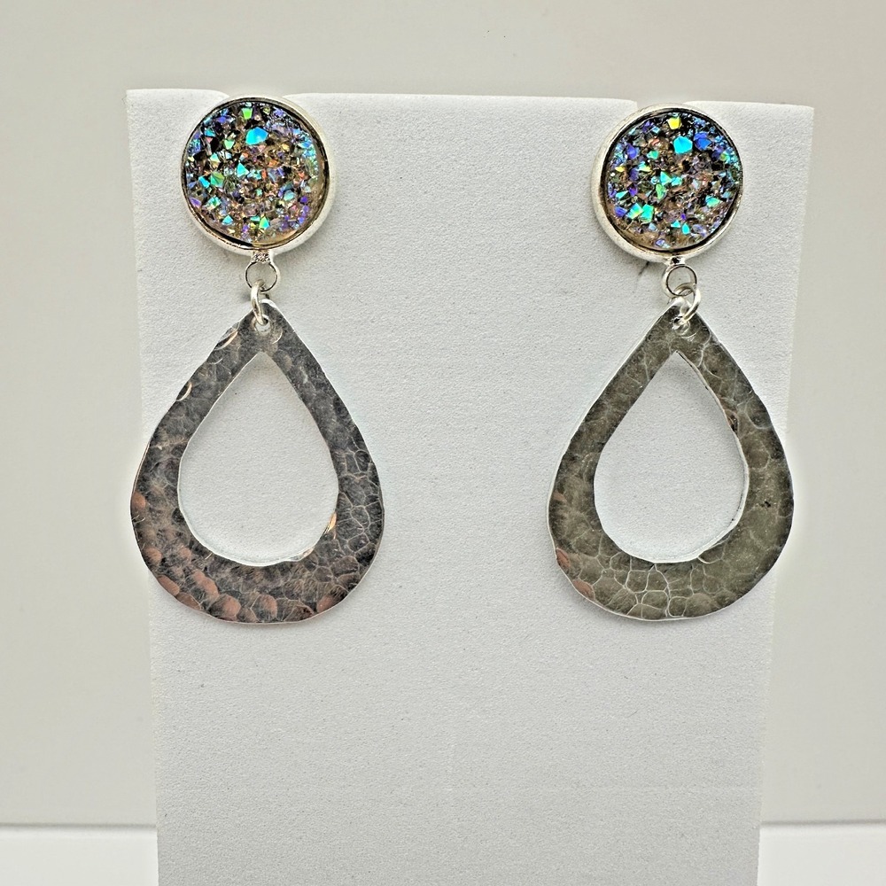 Vintage 90s 80s Dangle Rainbow Druzy Crystal Stone Earrings Silver Tone Jewelry